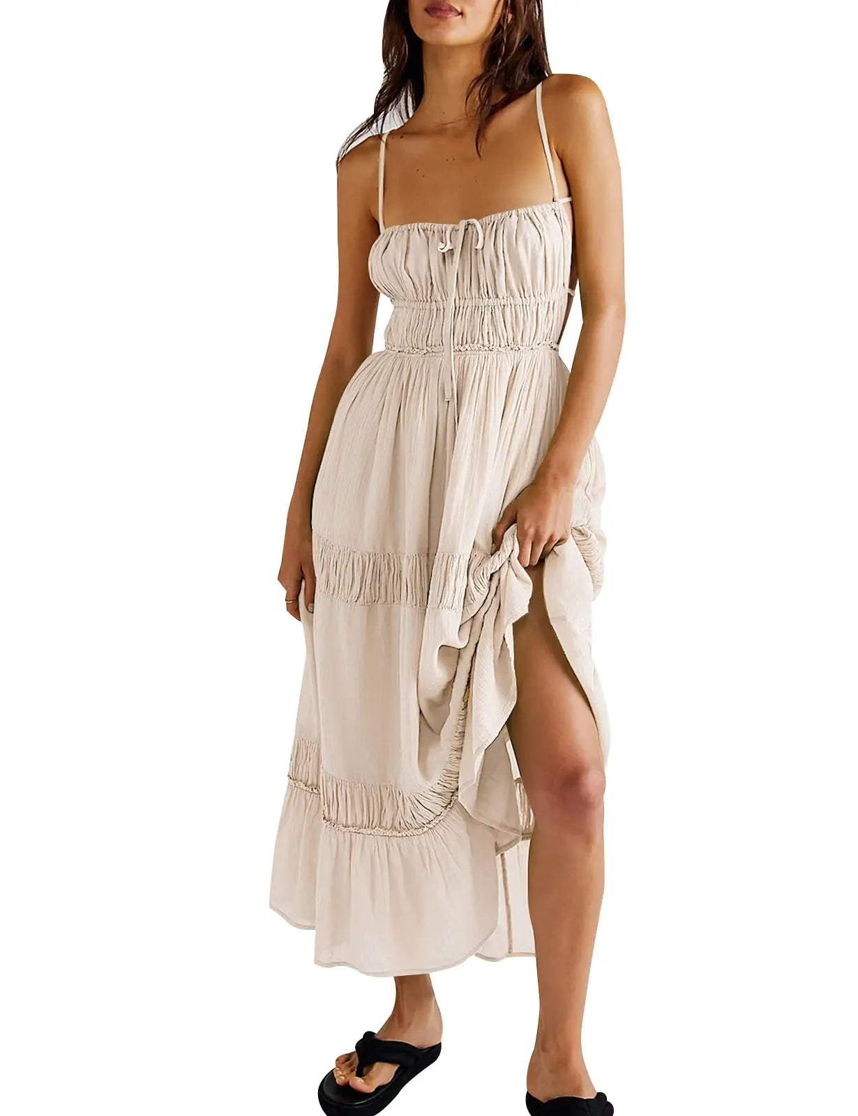 LIZAKOSHT  -  Boho Women Cut Out Backless Maxi Dress Bodycon Long Flowy Dresses Summer Spaghetti Strap Low Cut Cami Dress Clubwear