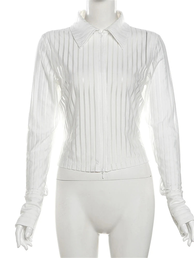 LIZAKOSHT  -  Autumn Hipster White Stripe See Through Sexy Shirts For Women 2024 Long Sleeve Polo-Neck Double Zip Elegant Chic Blouses