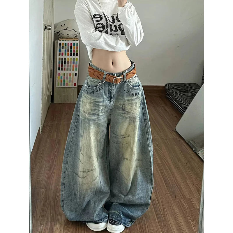 LIZAKOSHT  -  Y2K Loose Straight Leg Jeans Women Trousers Baggy Wide Fit Casual High Waist Retro Washed Vintage Style Women's Jeans