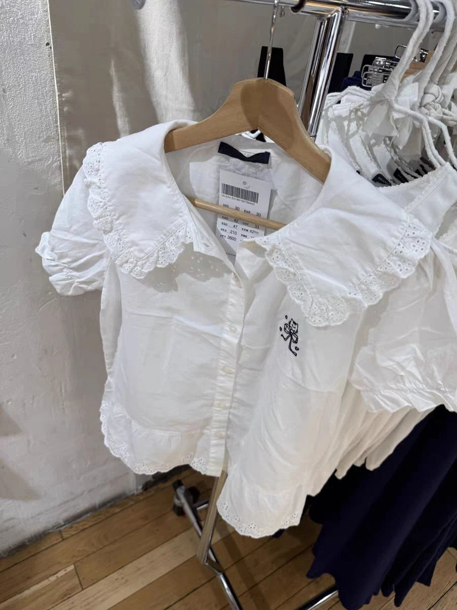 LIZAKOSHT  -  New Cat With Bow Embroidery Tshirt Woman Lace Trim Turn Down Collar Single Brested Shirts White Cotton Cute Puff Sleeve Tee Tops