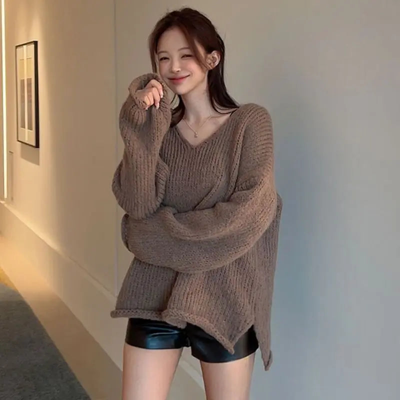 LIZAKOSHT  -  Sweaters Brown V-Neck Slit Autumn Retro Knitted Jumper Tops Y2K Harajuku Casual Women Basic Loose Pullover Korean Style