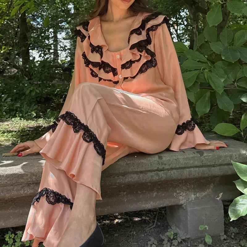 LIZAKOSHT  -  Women Satin Silk Pajamas Lace Trim Long Sleeve Turn Down Ruffles Button Up Blouse Tops + Pants Lounge 2 Pcs Set