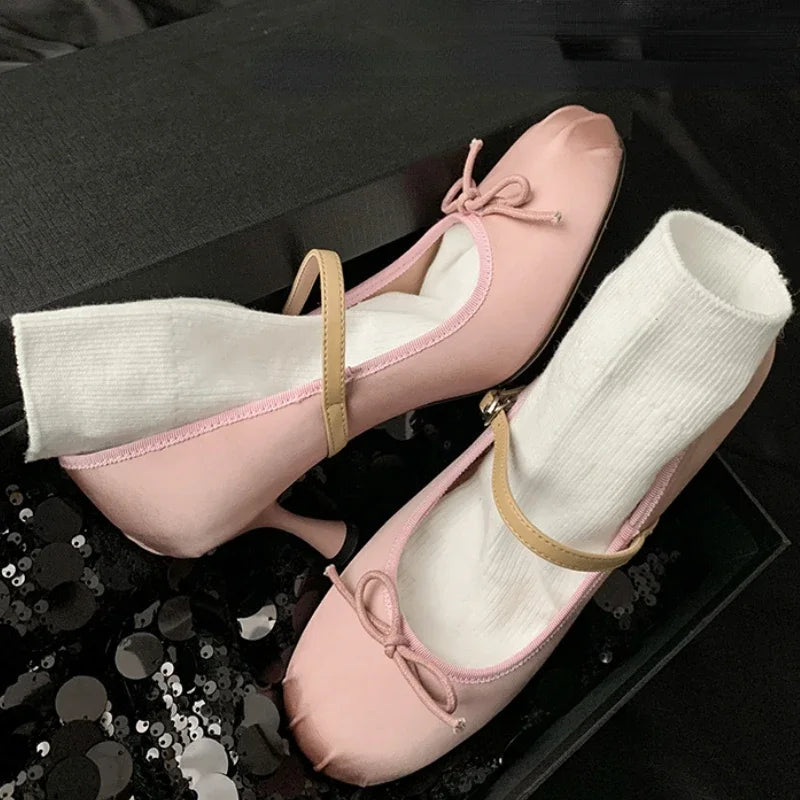 LIZAKOSHT  -  Designer Round Toe High Heels Women Ballet Shoes Satin Luxury Party Dress Shoe Fashion Elegant Leisure Bow Sweet Mary Jane Shoes