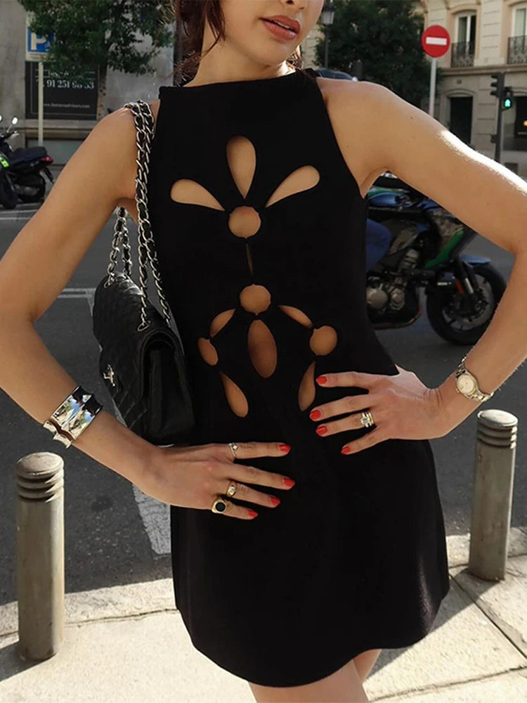 LIZAKOSHT  -  Hollow Out Sleeveless Dress Women Sexy Temperament Waist Cinching Slimming Elastic Summer Round Neck Hip Hugging Short Dress