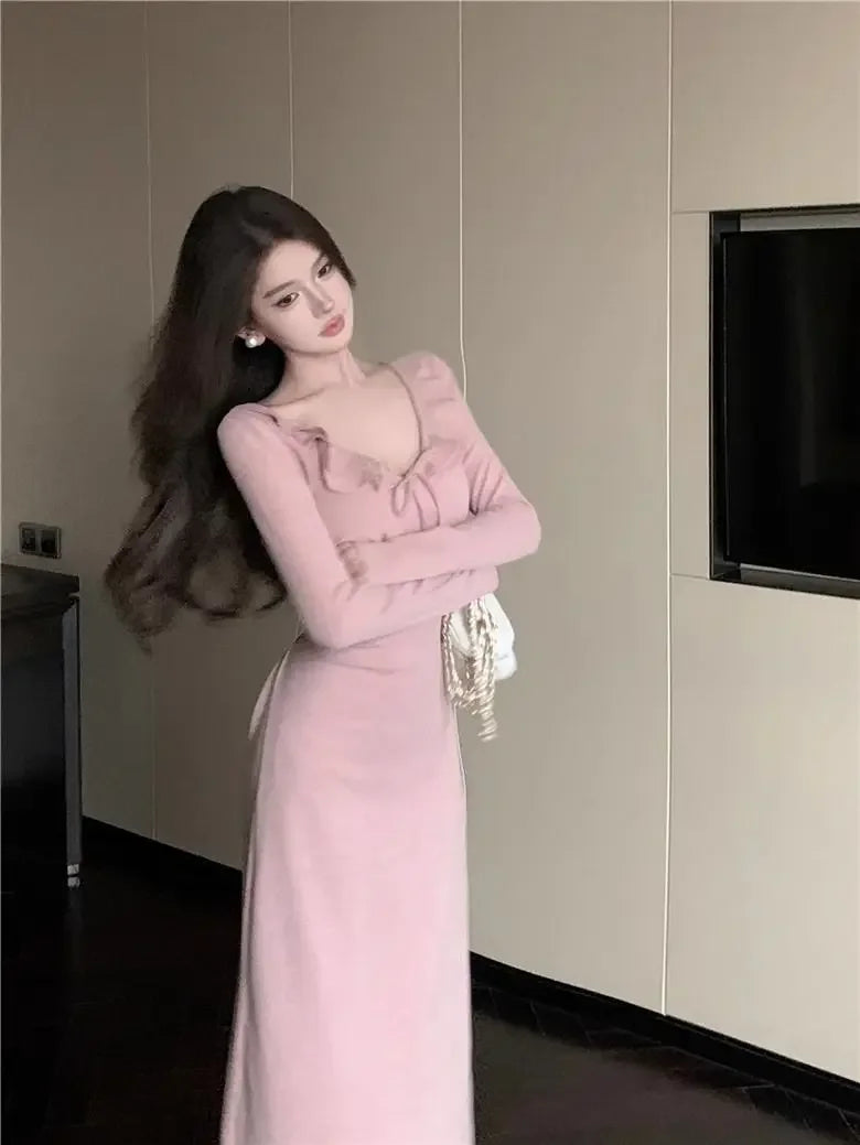 LIZAKOSHT  -  V-neck Lotus Leaf Dress Women's Strappy Waist Long-sleeved Gentle Style A-line Long Skirt