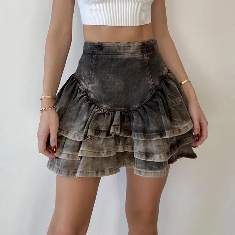LIZAKOSHT  -  Streetwear Vintage Short Denim Skirt Women Harajuku Y2k E-Girl High Waist Mini Skirt Gothic Punk Loose Cake Skirts New Design