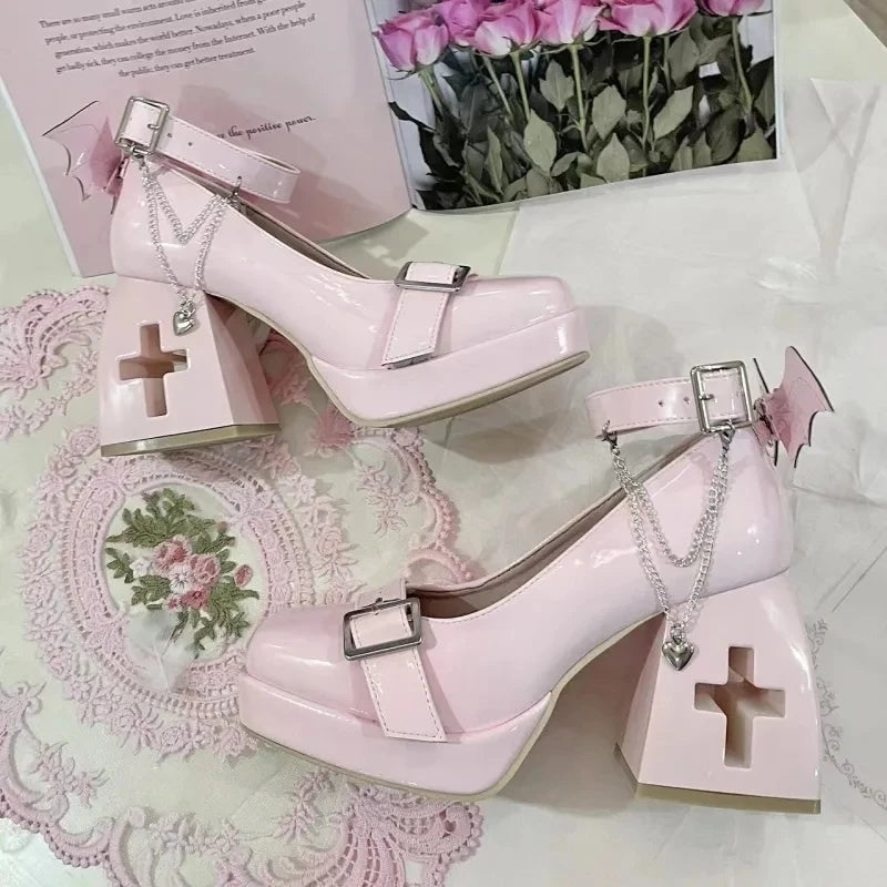 LIZAKOSHT  -  Autumn New Women Pink Sweet Platform Square Heel Pumps Lady Leather Mary Janes Party Shoes Lolita Cosplay Shoes