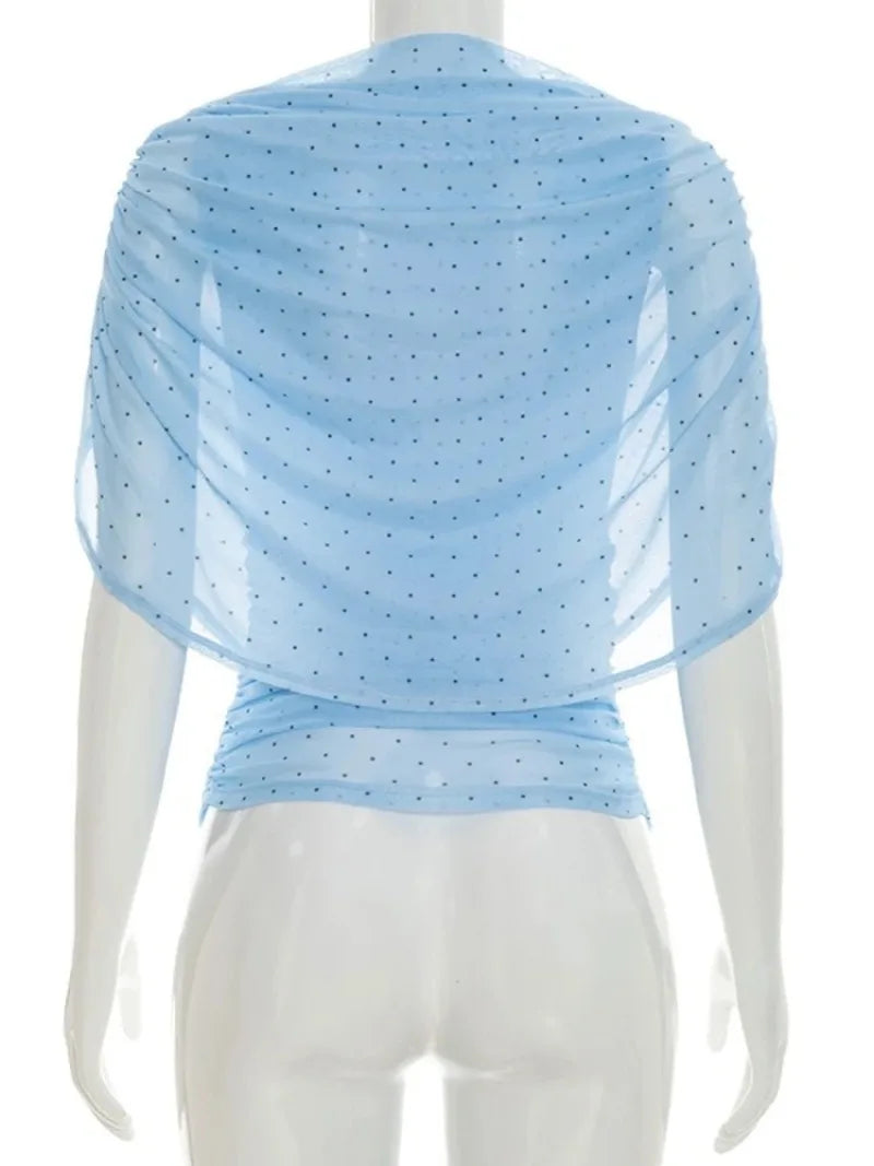 LIZAKOSHT  -  Women's Summer Polka Dot Print Shawl Tops High Street Ladies Fashion Sexy Folds Slim T-shirt Holiday Party Tee Shirts