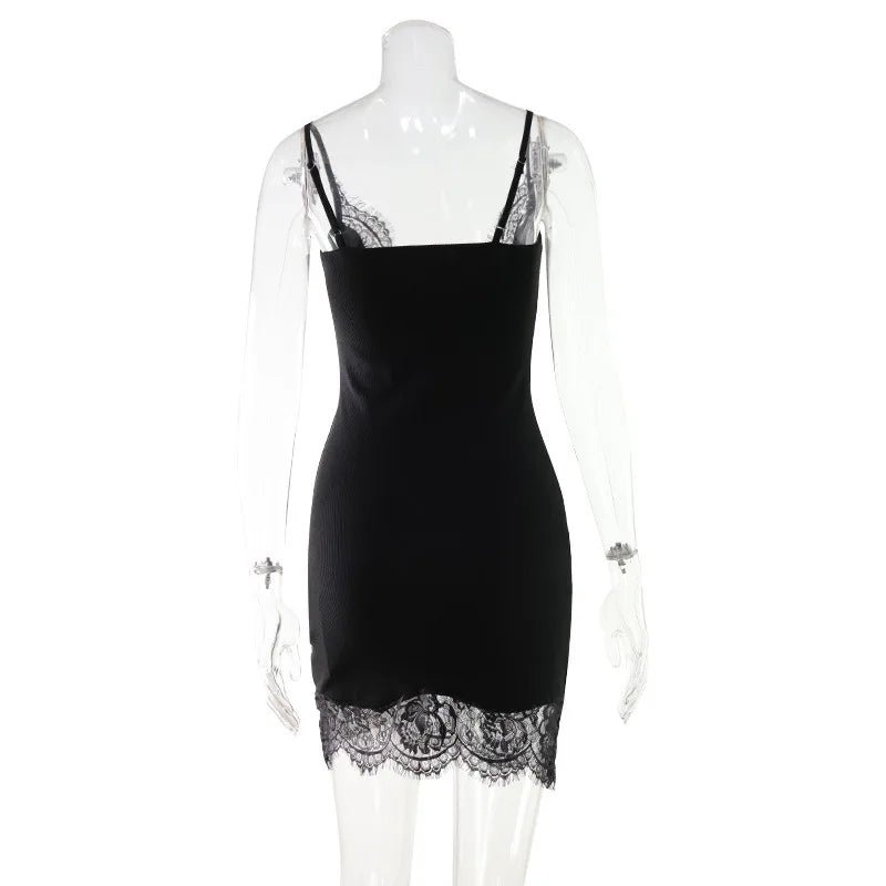 LIZAKOSHT  -  Women Sexy Solid Lace Patchwork Ribbed Camisole Bodycon Mini Dress V Neck Spaghetti Straps Backless Slim Wrap Hip Party Clubwear