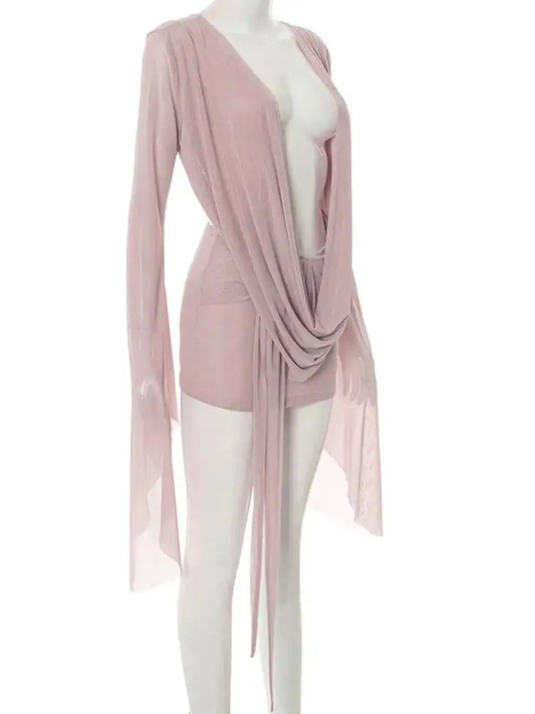 LIZAKOSHT  -  Elegant Flare Sleeve V Neck Ruched Sheer Mesh Short Dress Pink Holiday Outfits Beach Cover-Up Dress Night Out Vestidos D9WD