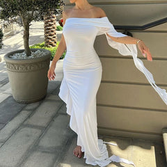 LIZAKOSHT  -  Summer Newly Irregular Ruffle Fringe Party Off Shoulder Dress Elegant One Sleeve Slim Hip Package Lady Split Vacation Robes