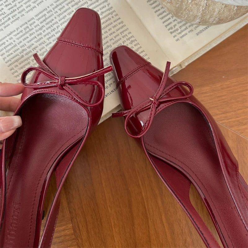 LIZAKOSHT  -  Sexy Red Sandals for Women Patent Leather Pointed Toe Slingbacks Shoes Shallow Comfort Fashion Low Heel Dress Bow Pumps Women