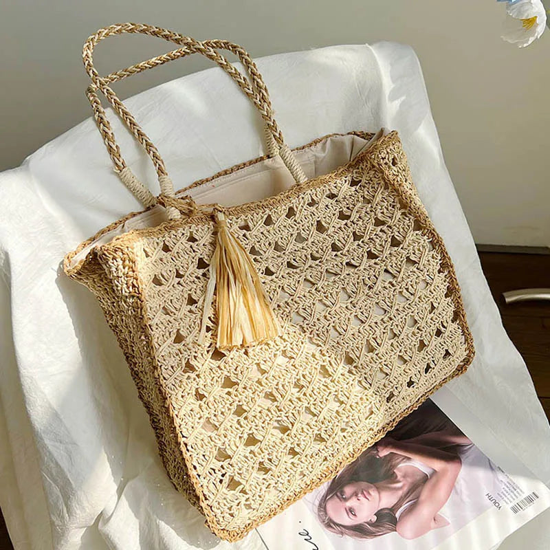 LIZAKOSHT  -  Mesh Crochet Beach Bags Women Hollow Out Straw Woven Tote Bag Seaside Vacation Square Knitted Handbag with Tassel