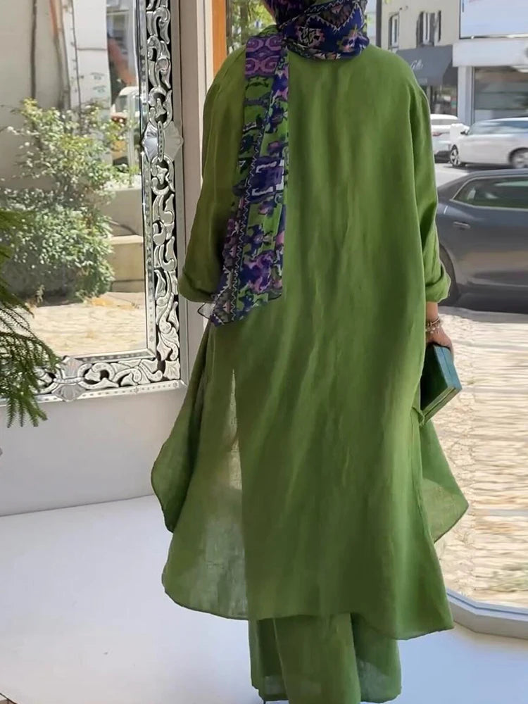 LIZAKOSHT  -  2 Piece Long Sleeve Maxi Shirts+Wide Leg Pants Eid Muslim Women Elegant Sets Abaya Dubai Turkey Islamic Casual Tops Solid Outfit