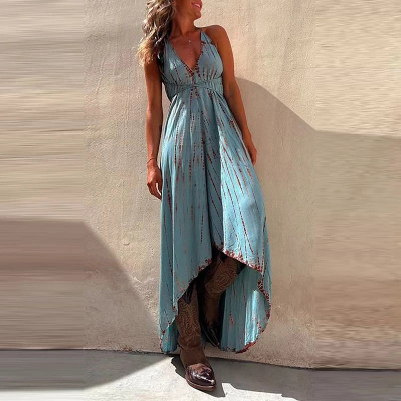 LIZAKOSHT  -  Women's Sexy Backless Hollow Out Irregular Dress Fashion Lace-Up Swing Long Dresses Elegant Hanging Neck Sleeveless Party Dress