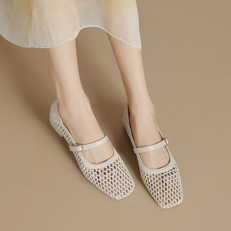 LIZAKOSHT  -  Black Beige Mesh Pumps Women's Summer Mary Janes Shoes 2.5cm Low Heels Comfy Square Toe Casual Footwear for Fat Feet