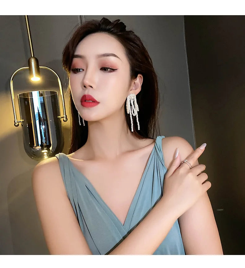 Lizakosht Korean Pearl Knot Big Earrings New Jewelry Statement Clip Earrings Long Design