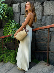 LIZAKOSHT  -  Sexy Backless Women Pleated Halter Maxi Dress Fashion Loose Sleeveless Solid Dresses 2024 Summer Female Chic Vacation Robes