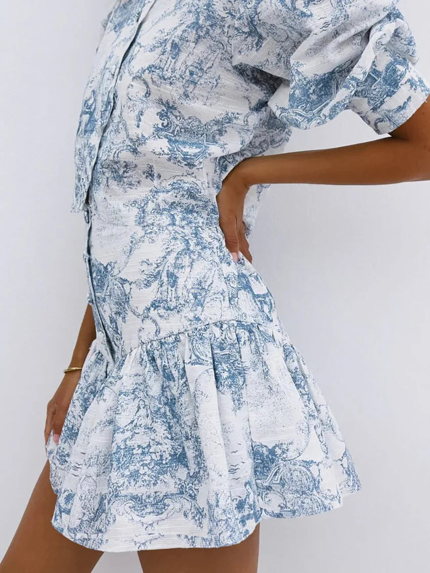 LIZAKOSHT  -  Chic Summer Women Stand Collar Flowers Printed Shirt Short Sleeved Floral Blouses Slim Fit Tops + A-Line Pleated Skirt 2Pcs Set