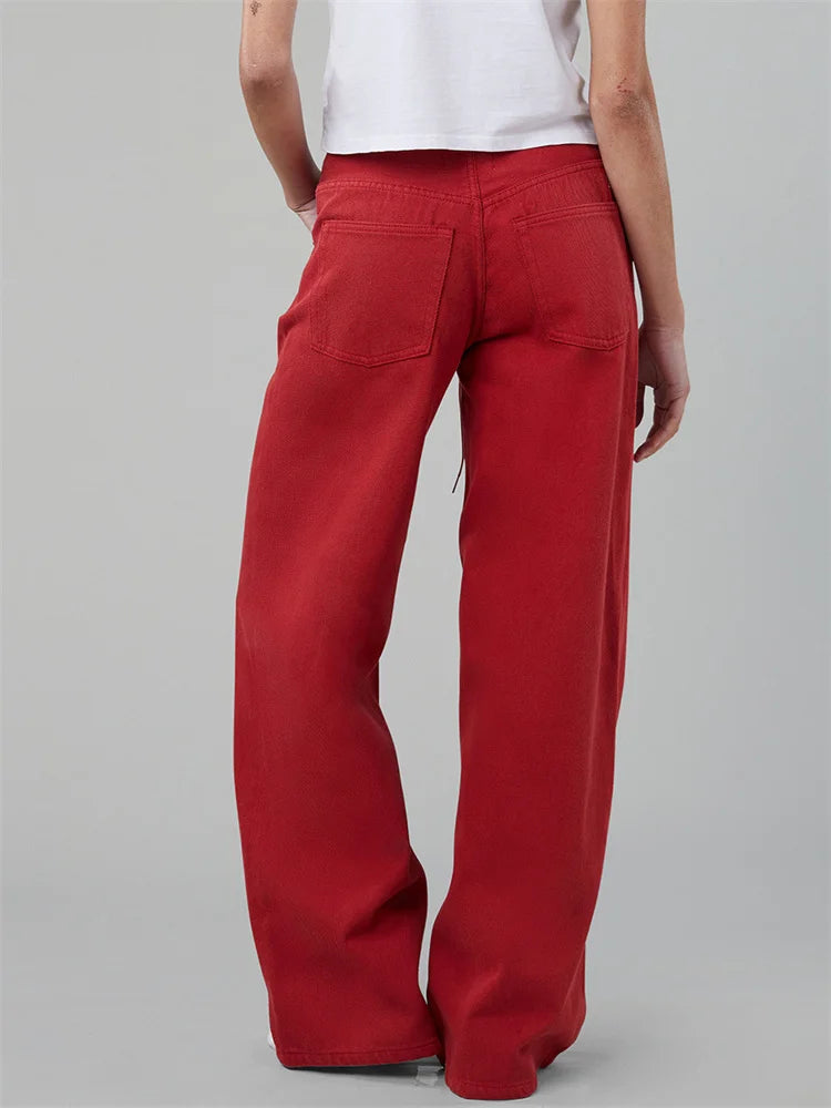 LIZAKOSHT  -  Women Drawstring Jeans Loose Solid Color Low Waist Straight Leg Denim Pants Casual Long Trousers Out Going Pants