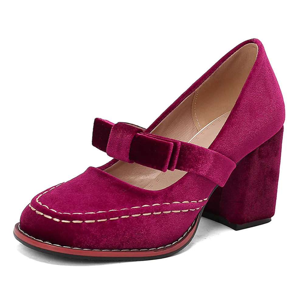 LIZAKOSHT  -  Plus Size 33-48 Retro Burgundy Elegant Office Lady Mary Janes Pumps Vintage Green Square High Heels Shoes with Bow Tie