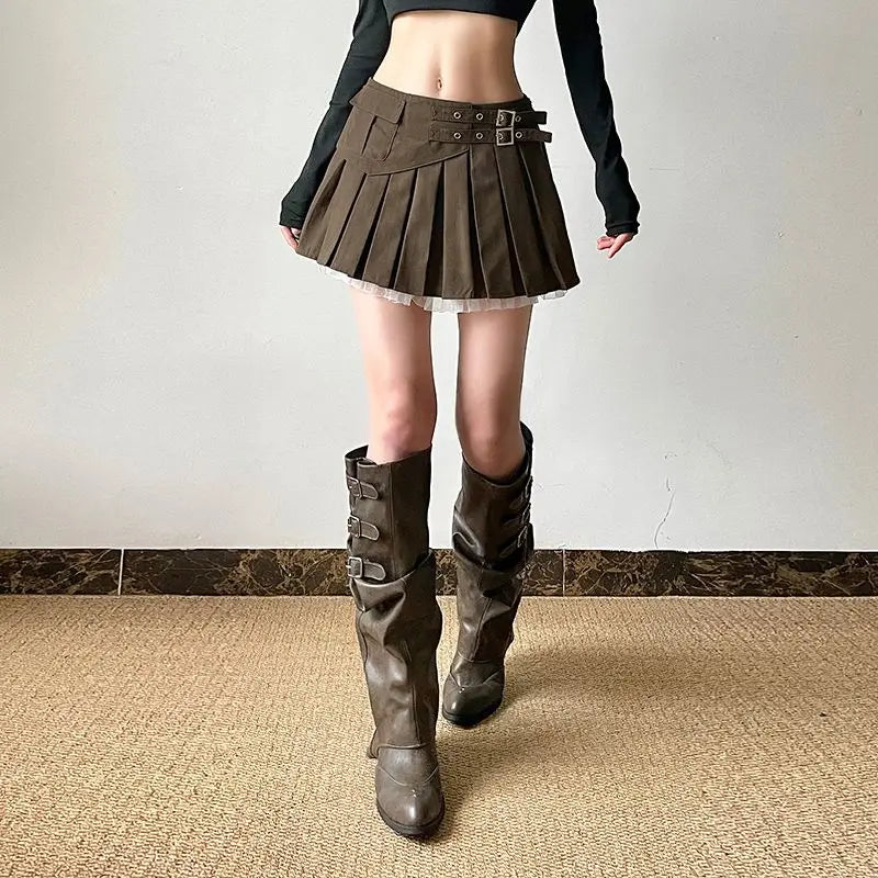 LIZAKOSHT  -  Girls' Wind Lace Stitching Tooling Skirt Spring and Summer High Waist Fashion Spice Girls Pleated Skirt