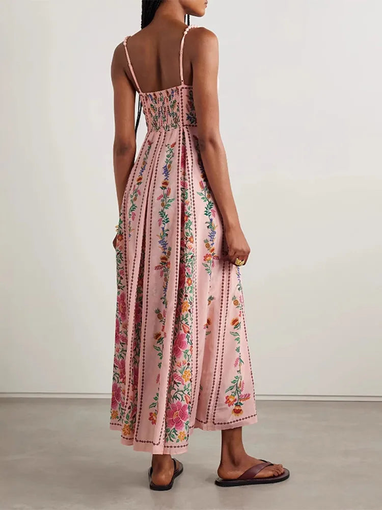LIZAKOSHT  -  Sexy Printed Bead Sling Dress Women Fashion Sleeveless High Waist Pleated A-line Long Dresses 2025 Lady Summer Chic Party Robes