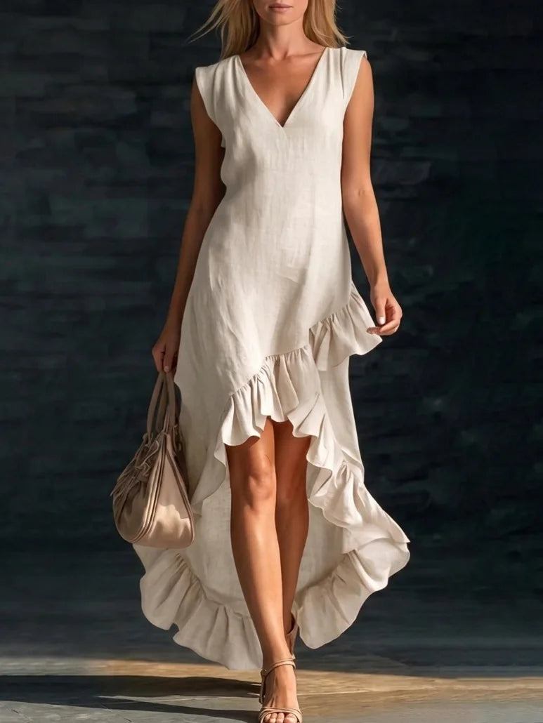 LIZAKOSHT  -  New Fashionable Romantic Sleeveless V-neck Ruffle Hem Cotton and Linen Long Dress