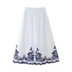 LIZAKOSHT  -  2024 Women Contrast Floral Embroidery White Skirt Back Elastic Waist A-line Summer Long faldas largas