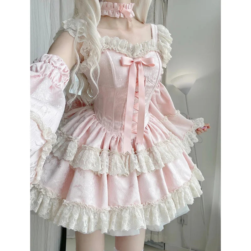 LIZAKOSHT  -  Japan Sweet Lolita Jsk Dress Women Elegant Ruffles Lace Bandage Princess Strap Dresses Girls Y2k Kawaii Tea Party Mini Dress