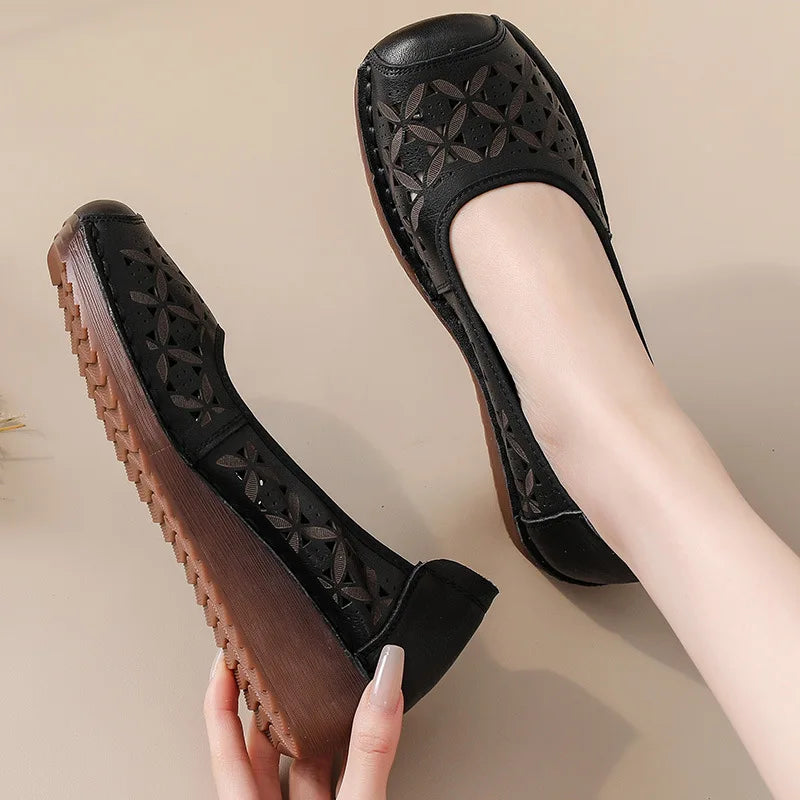 LIZAKOSHT  -  Women's Summer Real Leather Wedge Red Flats Cut out Loafers Vintage Breathable Slip-On Shoes Luxury Hollow Moccasin Female
﻿