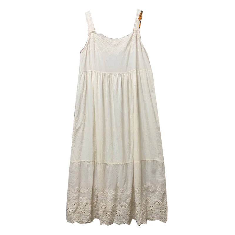 LIZAKOSHT  -  Embroidered Suspender Dress Loose Versatile Lace Hollow Out Cotton Bottomed Skirt