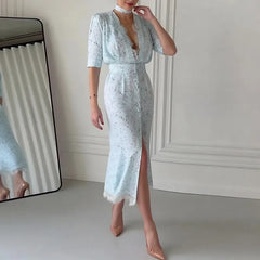 LIZAKOSHT  -  Chic Lace Trimmed Printed Dress Women Elegant Deep V-neck Waist Cinching Split Short Sleeve Maxi Dress Lady Party Vestidos