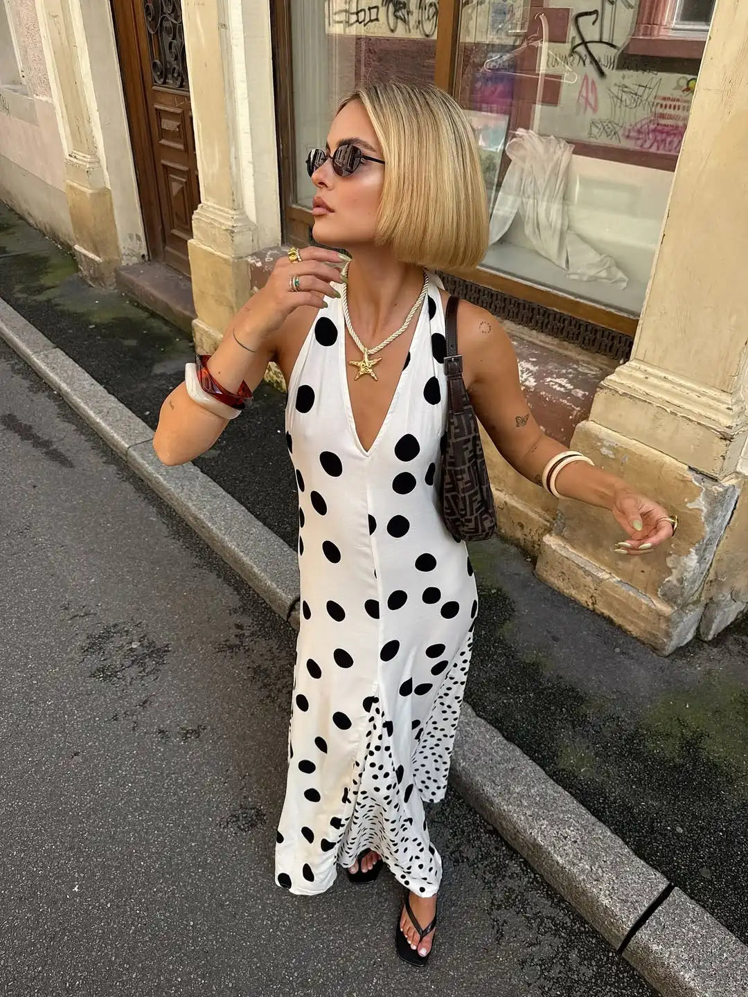 LIZAKOSHT  -  Polka Dot Satin Women's Maxi Dress Deep Plunge V Neck Sleeveless Loose Female Vestio Summer New Casual Date Streetwears