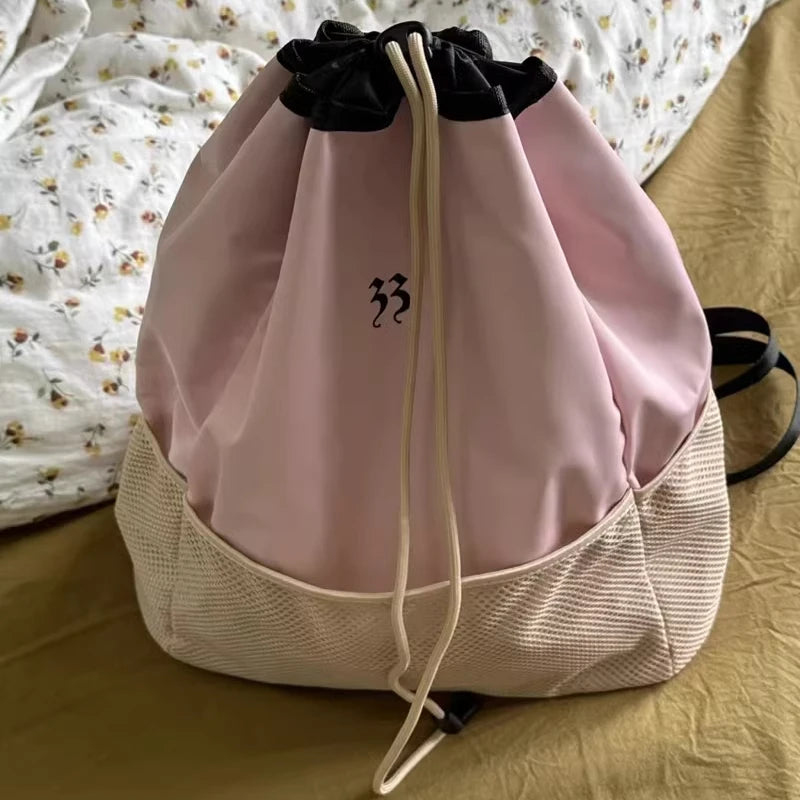 LIZAKOSHT  -  Patchwork Drawstring Y2k Aesthetic Schoolbag Simple All Match Nylon Leather Shoulder Bag Preppy Casual Korean Students Backpacks