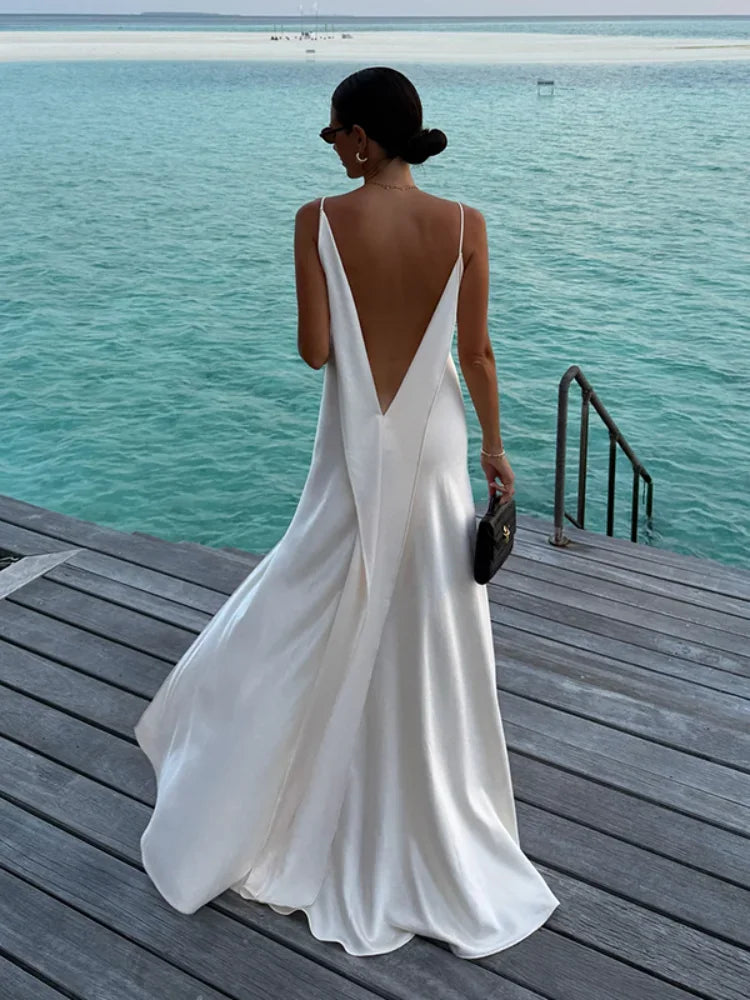 LIZAKOSHT  -  Women Spaghetti Dress Strap Deep V Back Maxi Dresses Open Back Side Slit Flowy Wedding Evening Gown Party Wear Woman Clothes