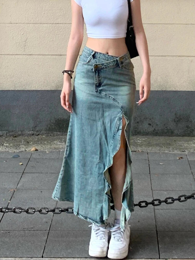 LIZAKOSHT  -  Women High Waist Pleated Ruffled Blue Denim Skirts Women Slim Hip Mermaid Skirt Woman Chic Skirts Femme Autumn Winter