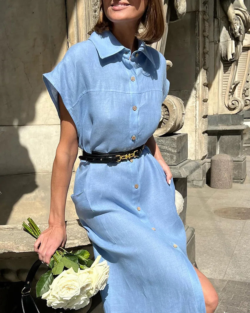 LIZAKOSHT  -  Summer Women's Linen Dress Lapel Sleeveless High Waist Maxi Dress Elegant Straight Shift Dress Office Lady Long Dress