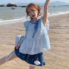 LIZAKOSHT  -  Y2k Harajuku Vintage Sweet Slim 2 Piece Skirt Sets Kawaii Bow Sleeveless Tops + Print Cake Mini Skirts 2000s Lolita Suits Summer