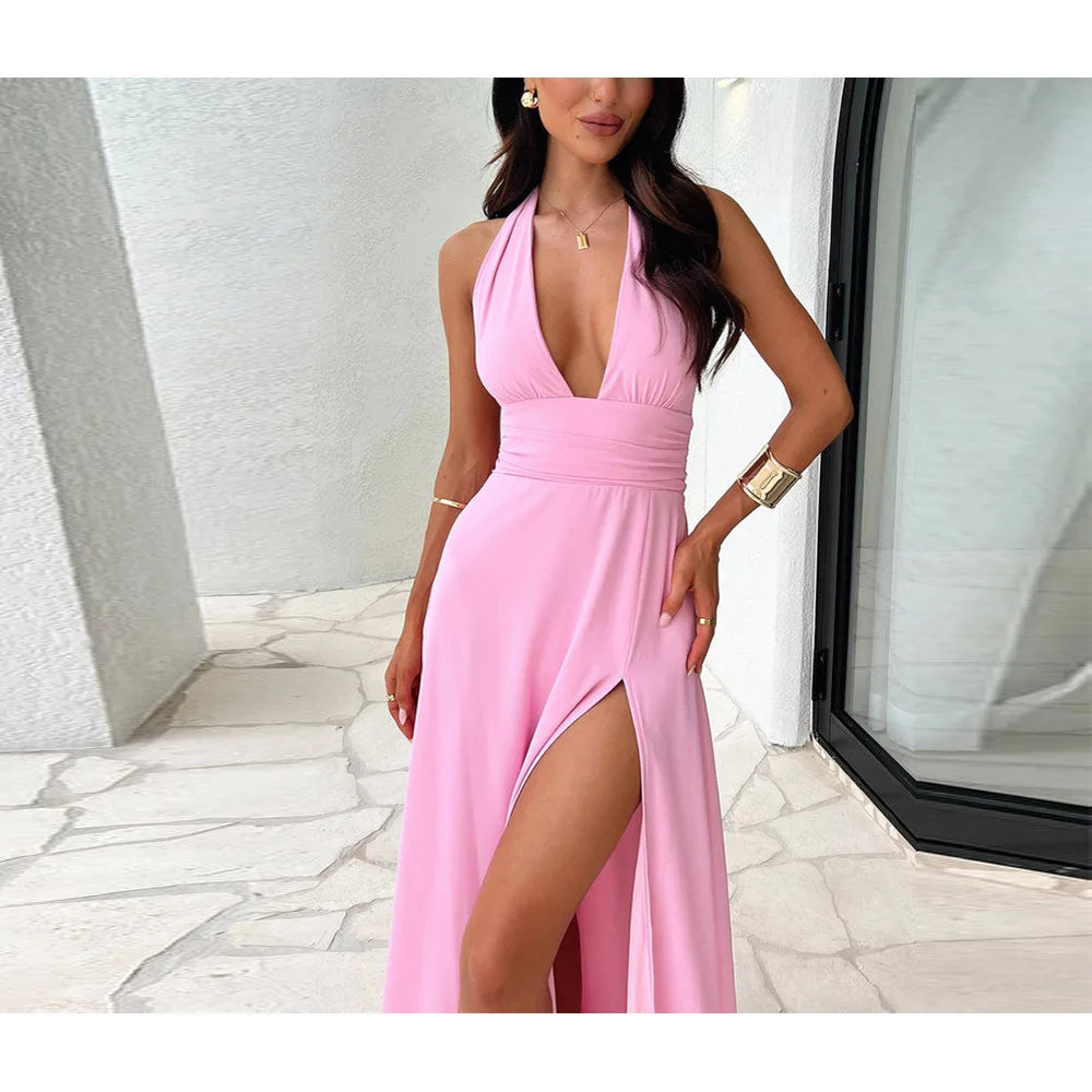 LIZAKOSHT  -  New Hanging Neck V-neck Strap Backless Slit Dress Temperament Long Skirt One-step Skirt for Women