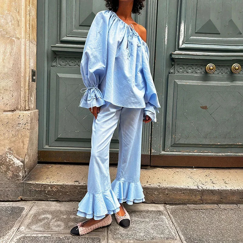 LIZAKOSHT  -  Autumn Casual Off Shoulder Top Pants Sets Women Pleated Lace Up Flare Sleeve Shirt Wide Leg Pant Lady Loose 2 Piece Suit