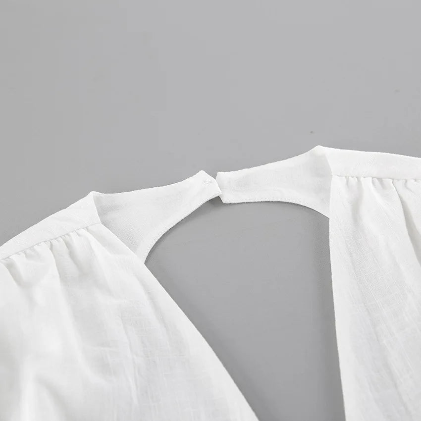 LIZAKOSHT  -  White Backless Summer Dress For Women Short Sleeve Slim V-Neck High Waist Elegant Commute Dress Female Bandage Long Dress