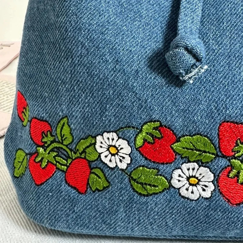 LIZAKOSHT  -  Denim Strawberry Flower Lace Backpack Casual Schoolbag Handbag Student Leisure Travel Commuter Backpack