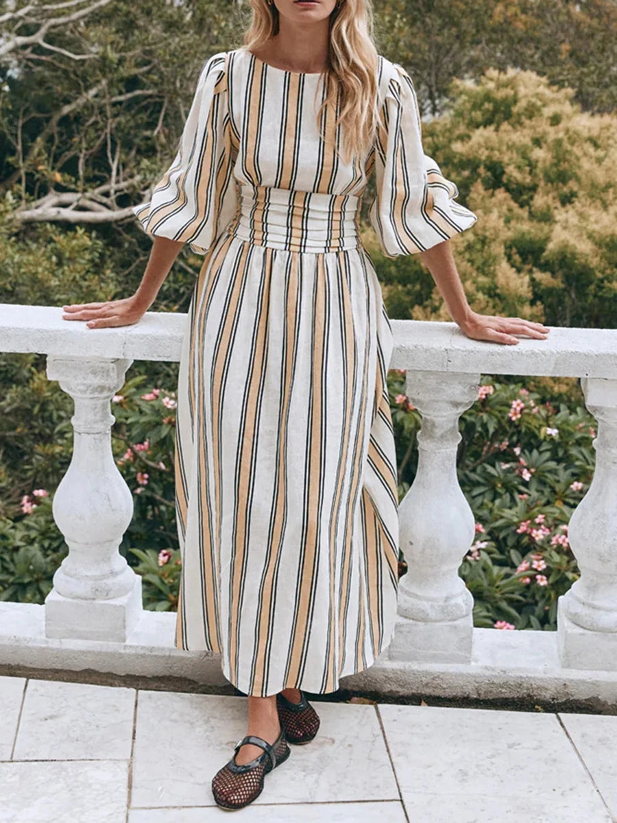 LIZAKOSHT  -  Women Fashion Midi Dress Vintage Striped Print Contrasting Lantern Sleeve Backless Tie-up Waist A-Line Dress Casual Streetwear