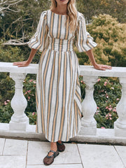 LIZAKOSHT  -  Women Fashion Midi Dress Vintage Striped Print Contrasting Lantern Sleeve Backless Tie-up Waist A-Line Dress Casual Streetwear