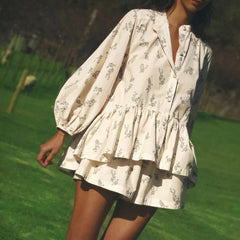 LIZAKOSHT  -  2025 French Style 2pcs Set Puff Sleeve Blouse & Printed Shorts High Neck Ruffle Trim Elegant Coords for Spring Summer