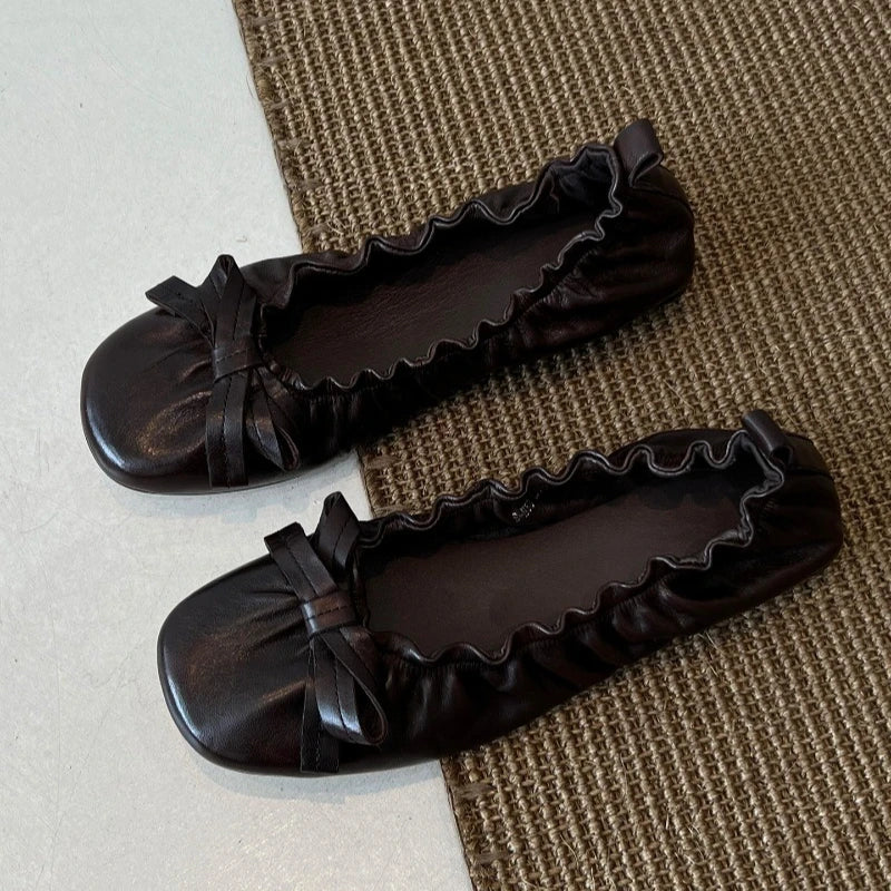 LIZAKOSHT  -  Red Bow Pleated Design Brand Ballet Flat Shoes Women Retro Round Toe Shallow Mary Jane Shoes Comfortable Moccasin Casual Shoes