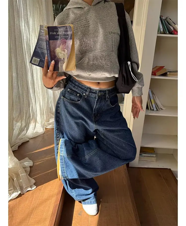LIZAKOSHT  -  Washed American Style Wide Leg Jeans High Waist Straight Cut Commute Elegant High Quality Cotton Polyester Blend No Stretch