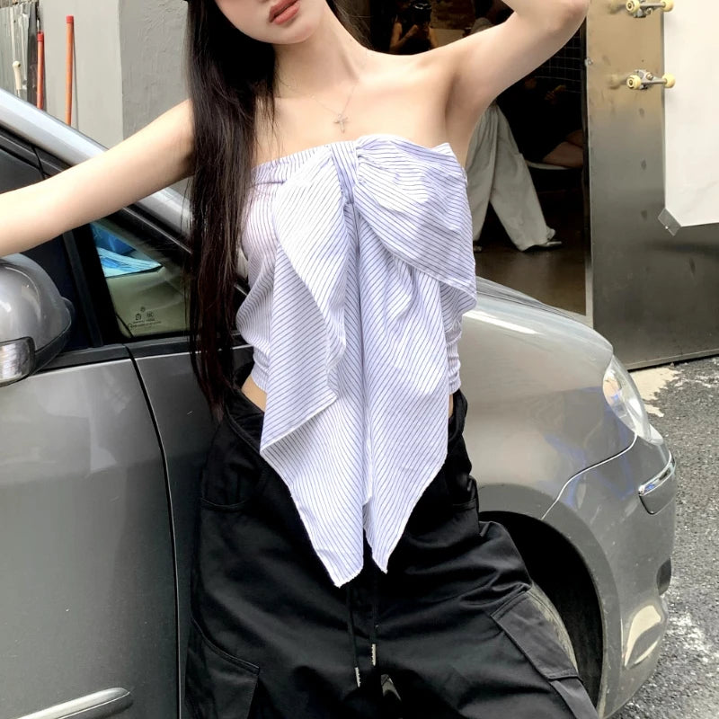 LIZAKOSHT  -  Off-shoulder Bow Pleated Sexy Slim Striped Camisole Women Summer New High Street Fashion All Match Irregular Crop Tops