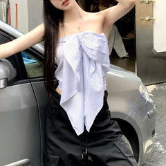 LIZAKOSHT  -  Off-shoulder Bow Pleated Sexy Slim Striped Camisole Women Summer New High Street Fashion All Match Irregular Crop Tops